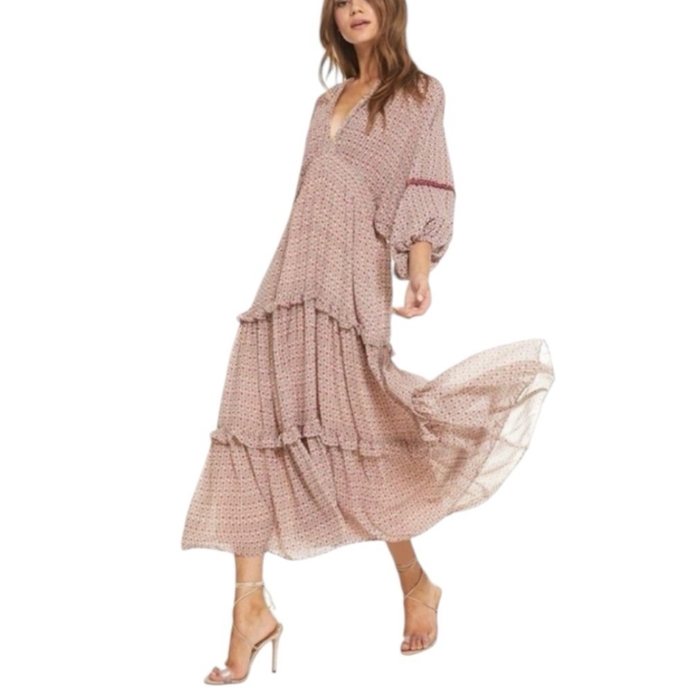 Misa- NWT Tan Stefanya Bohemian Floral Longsleeve Flowy Maxi Dress - Picture 1 of 5